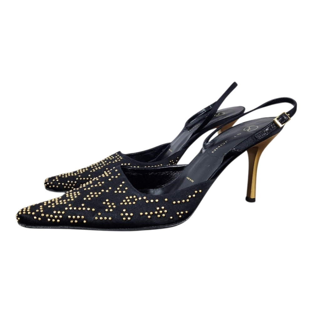 ST. JOHN Black and Gold Stud Slingback Heels (9)